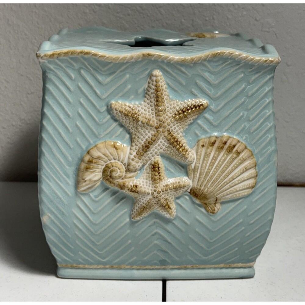 Rare Signature Tremiti Tropical Starfish Square Tissue Box Cover Ceramic Coastal